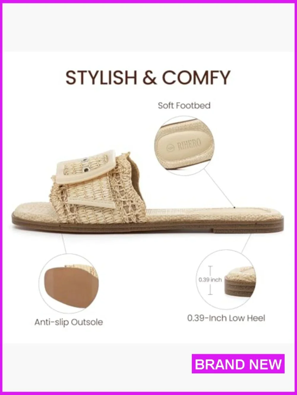 Square Toe Raffia Slide Sandals Woven Flat Beach Slip On Fashion Comfort